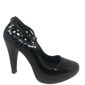 Rare Melissa Black Jelly Laser Cut Ankle Strap Platform Heels 8 Pin-Up Retro